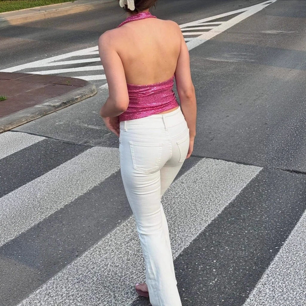 Damen Rückenfreies Top mit tiefem V-Ausschnitt und raffinierten Rüschendetails Echo Archiv