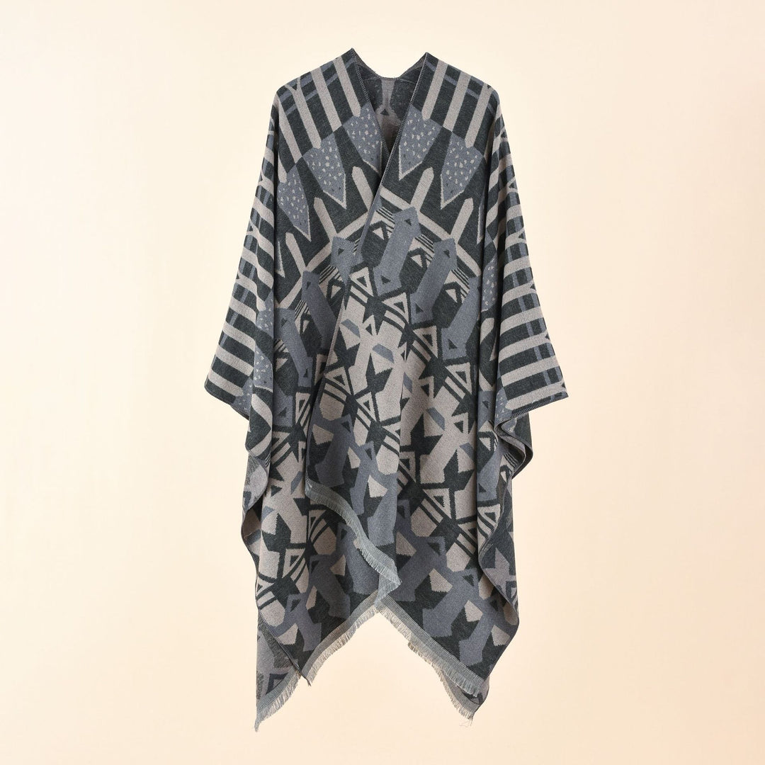 Damen Strick-Überwurfcape im Ruana-Stil mit grafischem Jacquard und Fransensaum Echo Archiv