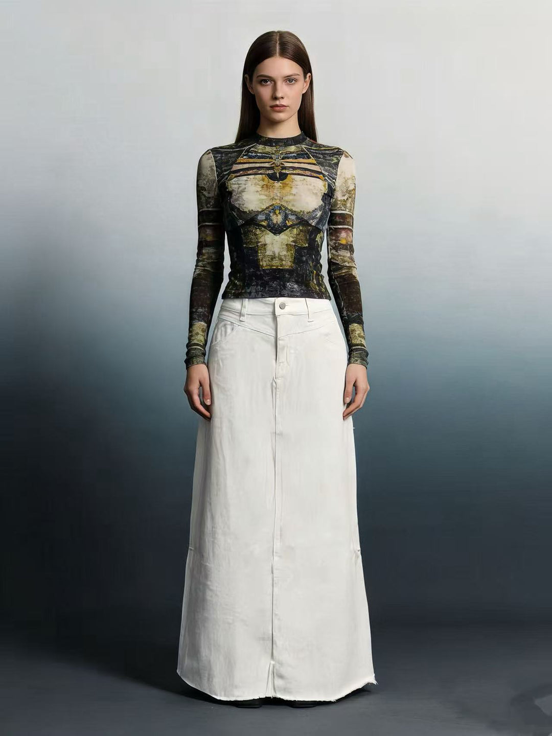 Damen nan langer High-Waist Denim-Maxirock mit gerader Silhouette und rohem Saum Echo Archiv