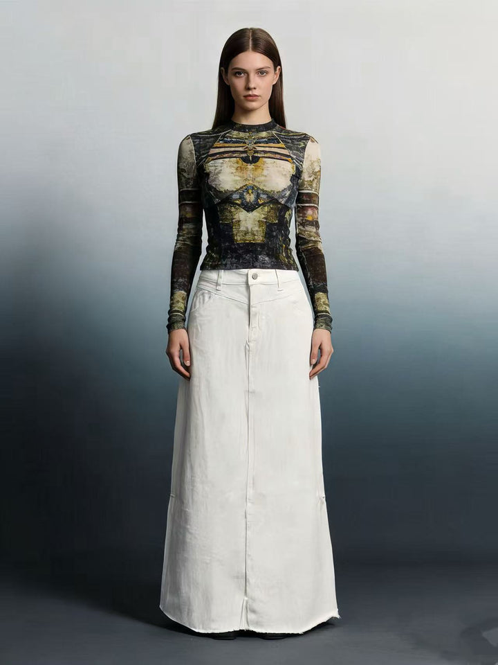 Damen nan langer High-Waist Denim-Maxirock mit gerader Silhouette und rohem Saum Echo Archiv