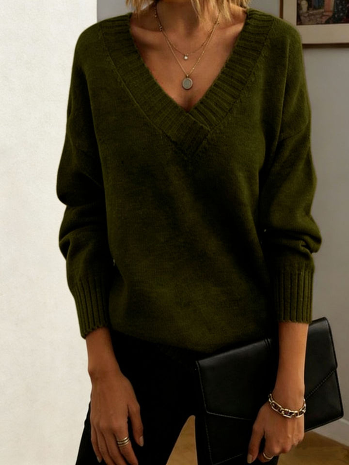 Damen Feinstrickpullover mit tiefem V-Ausschnitt und überschnittener Schulter – Mavelle