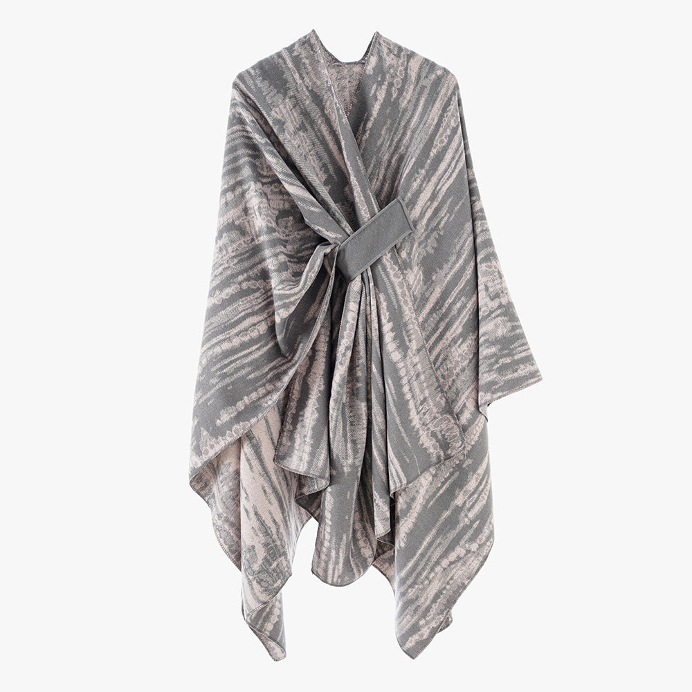 Damen Jacquard-Cape-Überwurf mit strukturierter Wellenoptik, Bindegürtel und asymmetrischem Zipfelsaum – Montévia