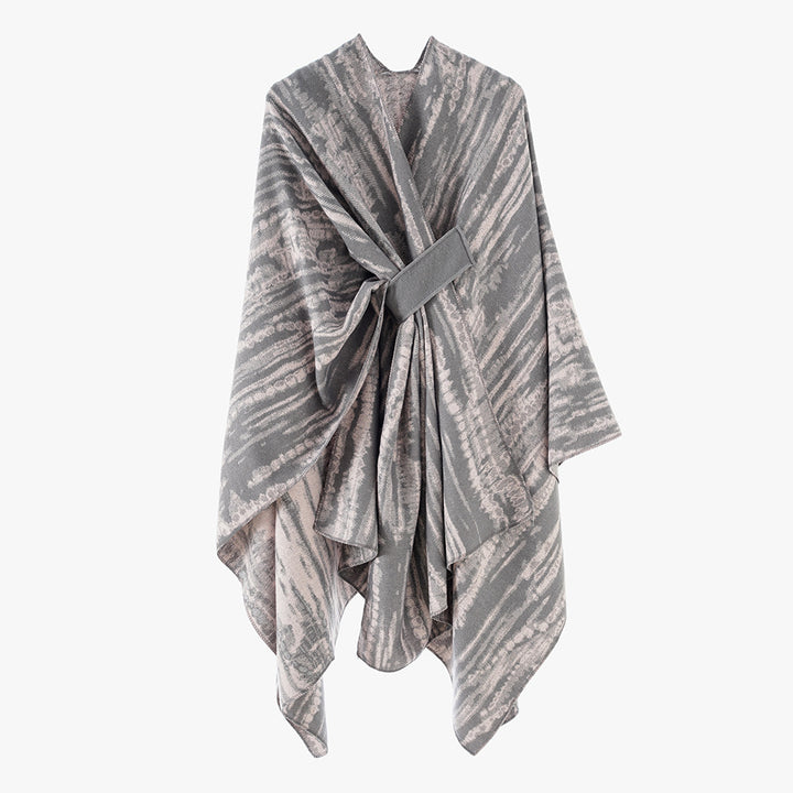 Damen Jacquard-Cape-Überwurf mit strukturierter Wellenoptik, Bindegürtel und asymmetrischem Zipfelsaum – Montévia