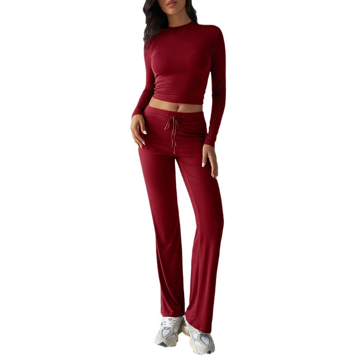 Damen nan tailliertes Longsleeve-Crop-Top und weite Lounge-Hose im Zweiteiler-Set aus Stretchjersey Echo Archiv