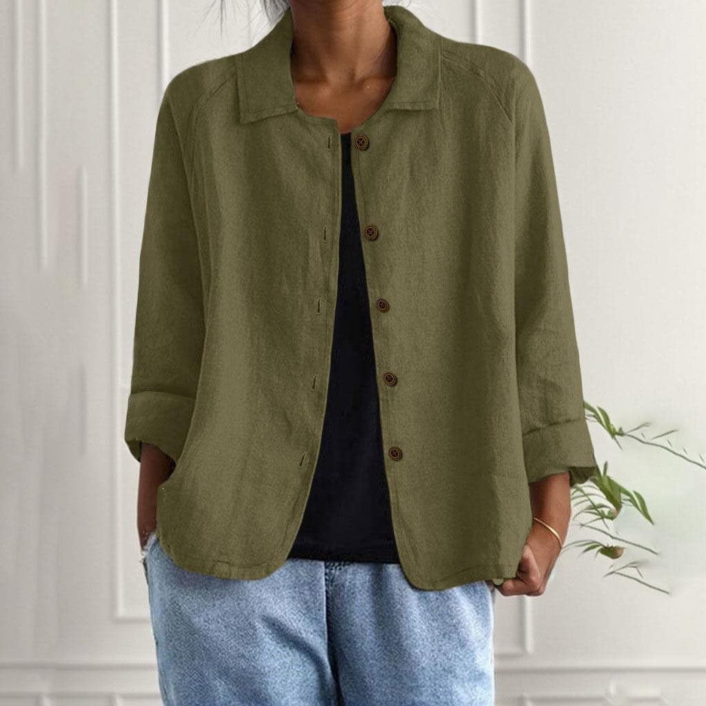 Damen Oversized Leinen-Hemdjacke mit Hemdkragen, 3/4-Ärmeln und durchgehender Knopfleiste Echo Archiv