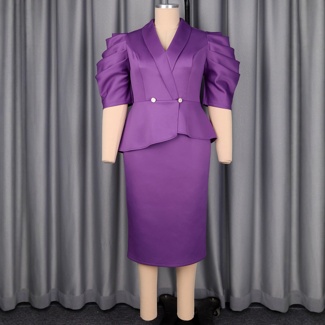 Damen Elegantes Business-Kleid mit stilvollem Wickel-Design und Puffärmeln Echo Archiv