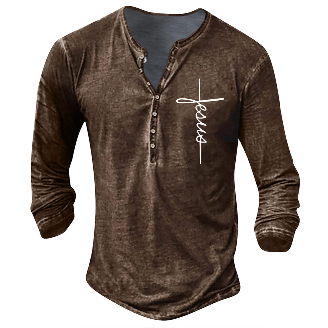 Herren Langarm Henley-Shirt mit kreativem Grafikdruck Echoarchiv