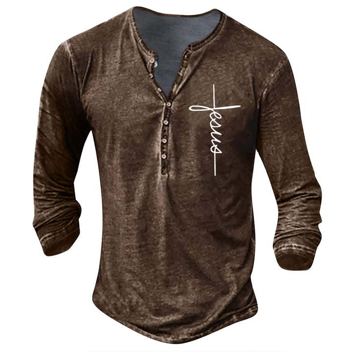 Herren Langarm Henley-Shirt mit kreativem Grafikdruck Echoarchiv