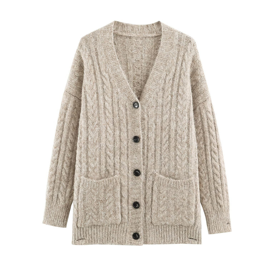Damen Grobgestrickter Oversize-Cardigan mit Zopfstrick V-Ausschnitt und aufgesetzten Taschen Echoarchiv