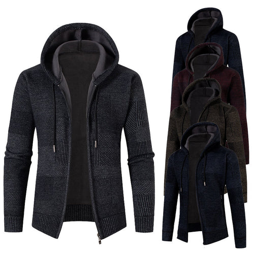 Herren Strick-Kapuzenjacke mit durchgehendem Reißverschluss, gefütterter Kapuze und strukturierter Patchwork-Optik Echo Archiv