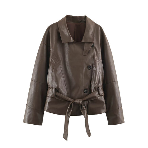 Damen Kurzjacke aus Lederoptik mit Bindegürtel und asymmetrischer Knopfleiste Echo Archiv