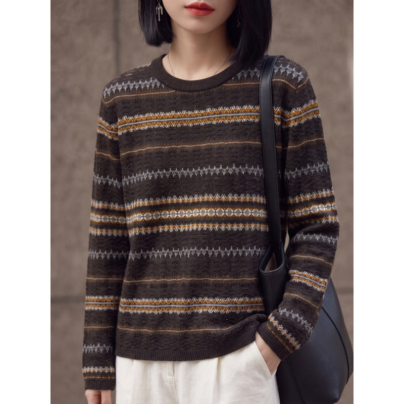Damen Leichter Rundhals-Pullover im Norwegerstreifen-Design mit strukturierter Ajouroptik Echoarchiv
