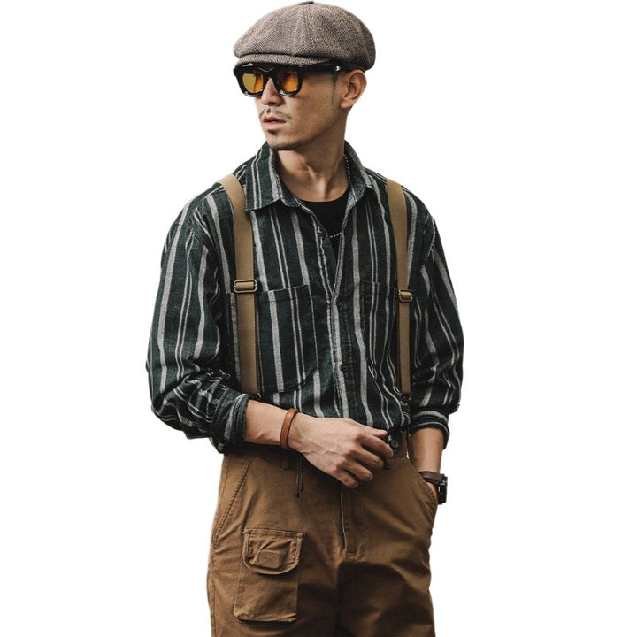 Herren Gestreiftes Overshirt-Hemd aus Baumwoll-Leinen mit Brusttaschen Echoarchiv