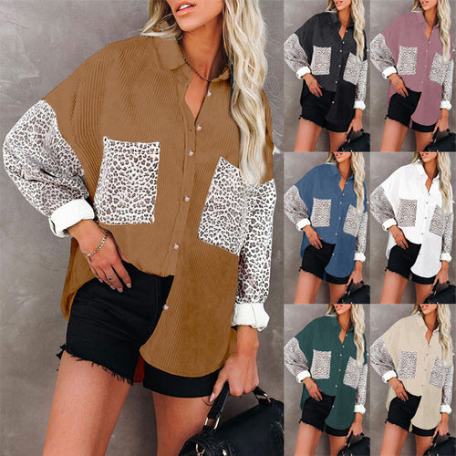 Damen Oversize-Cordhemd mit durchgehender Knopfleiste, Leo-Kontrastärmeln und aufgesetzten Taschen – Maréline