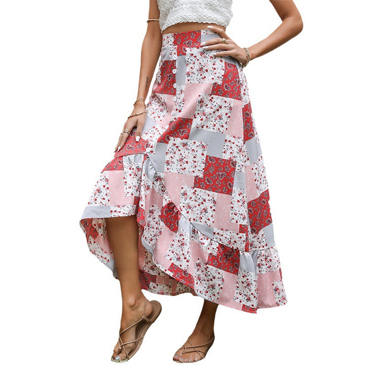 Damen Patchwork-Midirock mit Knopfleiste und asymmetrischem Volant – Rosévia