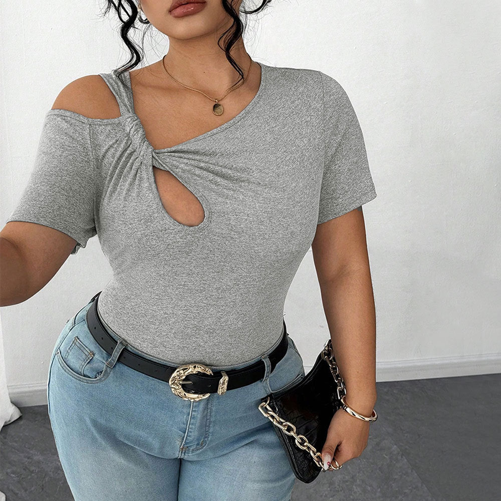 Damen Figurbetontes Kurzarm-Body mit asymmetrischem Ausschnitt und Knotendetail Echo Archiv