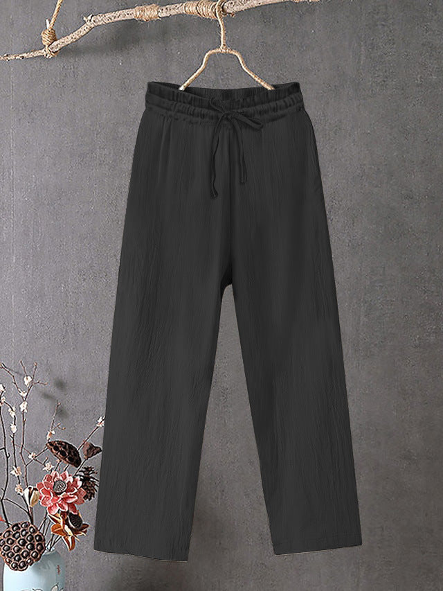 Damen Crinkle Leinenmischung Hose mit elastischem Kordelzug, gerade Beinform und lässiger Passform – Avélisse