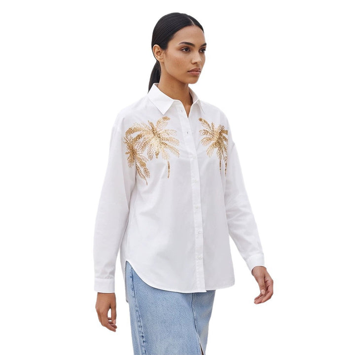 Damen Hemdbluse mit Pailletten-Palmenapplikation, Oversize-Schnitt & klassischem Kragen Echoarchiv
