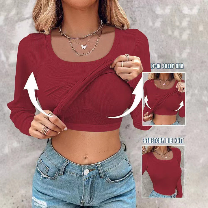 Damen Cropped Rippenstrick Langarmshirt mit integriertem Bustier Echoarchiv