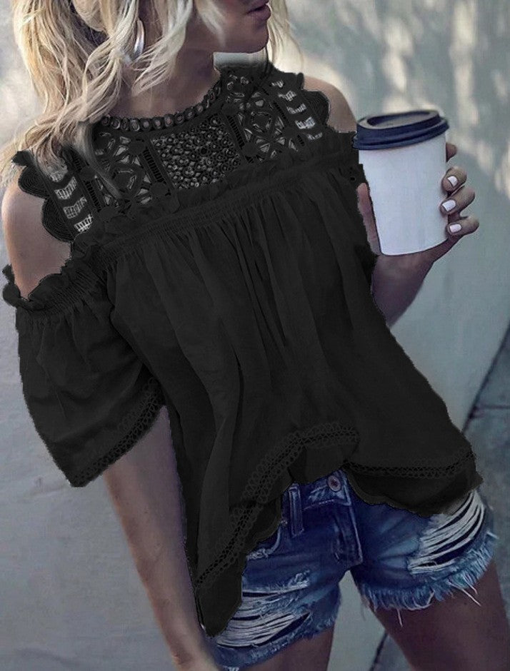 Damen nan luftige Cold-Shoulder-Bluse mit gehäkeltem Stehkragen, geraffter Brustpartie und gewelltem Saum Echo Archiv