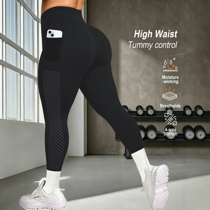Damen High-Waist Sportleggings knöchellang mit seitlicher Handytasche und Struktur-Panel echoarchiv-
