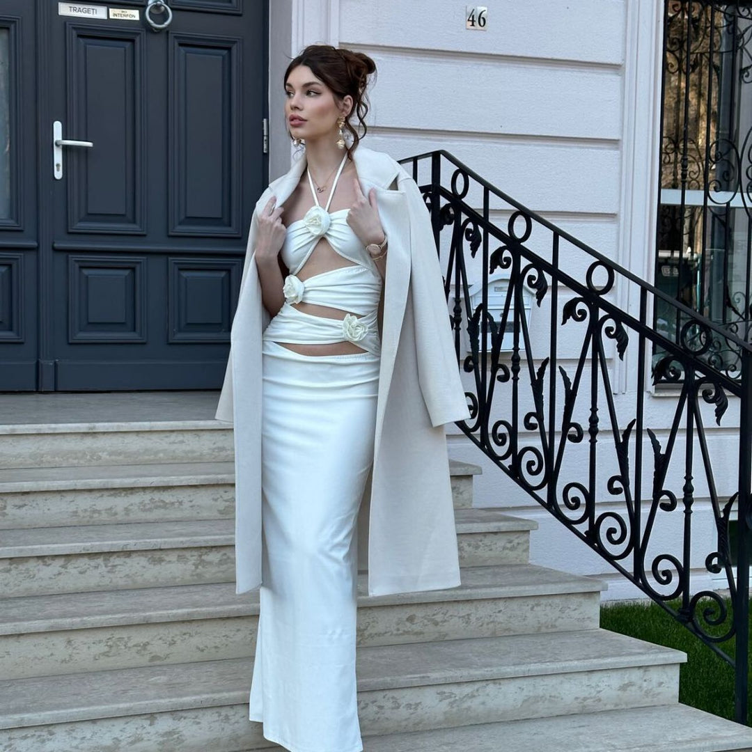 Damen Elegantes Maxikleid mit raffinierten drapierten Details und floralem Akzent Echo Archiv