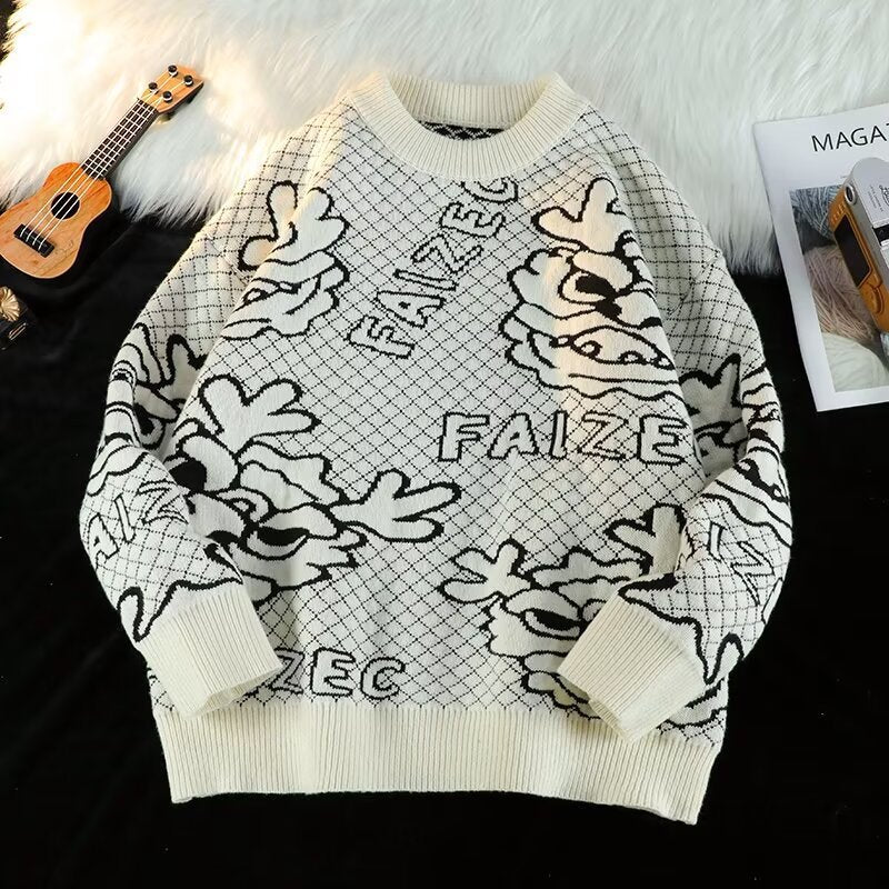 Unisex Oversized Jacquard-Strickpullover mit Allover-Motiv und Rippbündchen Echoarchiv