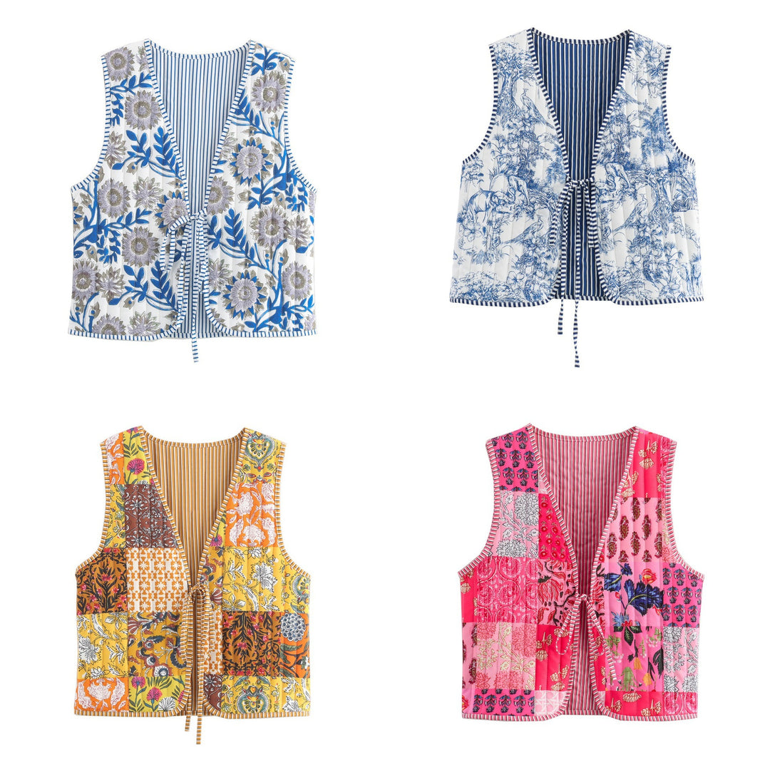 Damen Patchwork‑Weste mit Bindeband, gestreifter Innenverarbeitung und Kontrastpaspel Echo Archiv