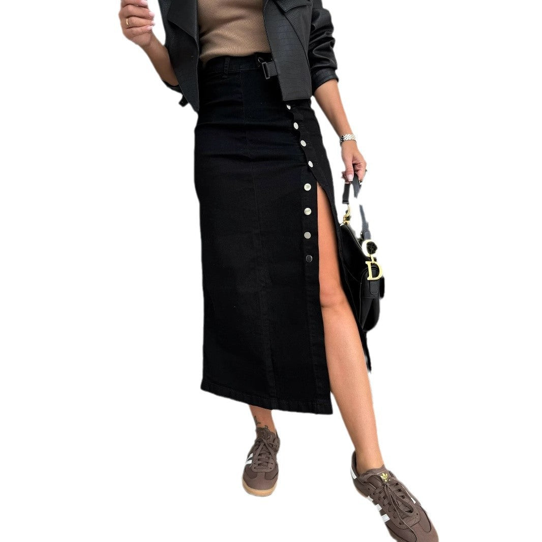 Damen nan taillenhoher Midirock aus Stretchdenim mit seitlichem Druckknopf-Schlitz und figurbetonter Passform Echo Archiv