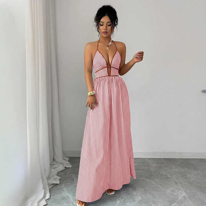 Damen Gestreiftes Neckholder-Maxikleid mit tiefem V-Ausschnitt und Taillen-Cut-Out – Valéora