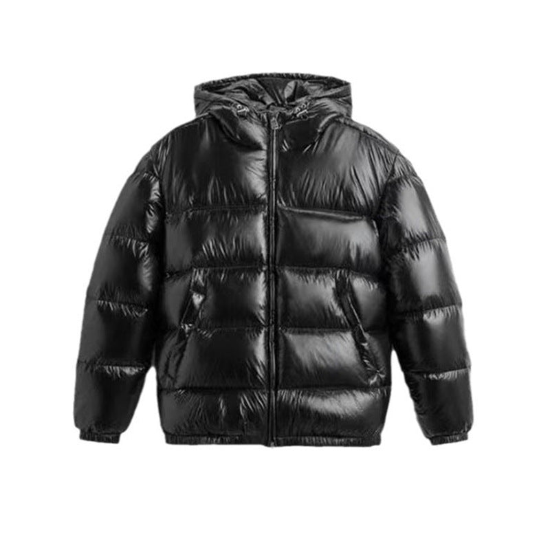 Damen Steppdaunenjacke mit Kapuze und Hochglanz-Oberfläche, Zwei-Wege-Reißverschluss und Kängurutaschen – Célinea