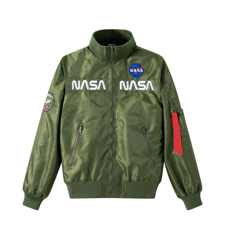 Men's retro space-logo nylon zip bomber with angled zip pockets and utility sleeve tab – Brevano