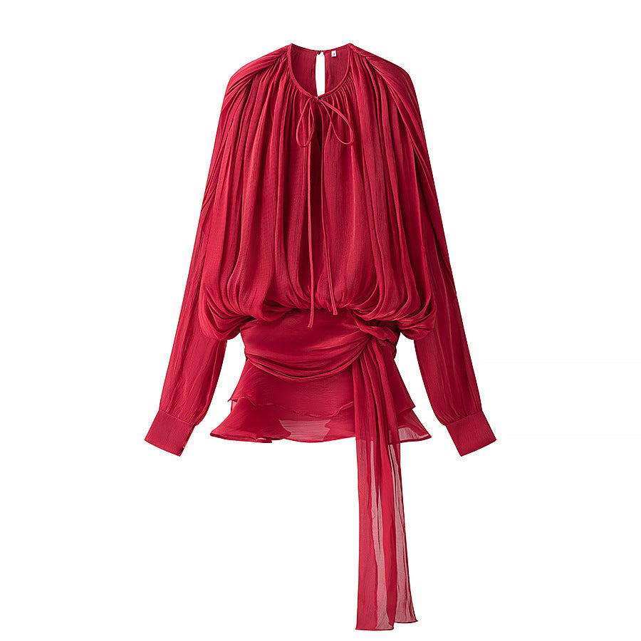 Damen nan luftiges Chiffon-Wickelblusen-Set mit Schärpe und Lagen-Shorts Echo Archiv
