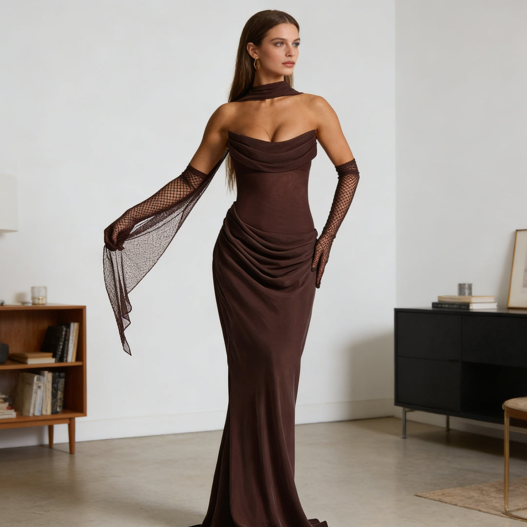 Damen Elegantes schulterfreies Maxikleid mit verführerischem Rüschendetail Echo Archiv