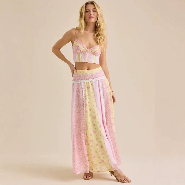 Damen nan romantisches Crop-Top mit Spaghettiträgern und gestuftem Patchwork-Maxirock Echo Archiv