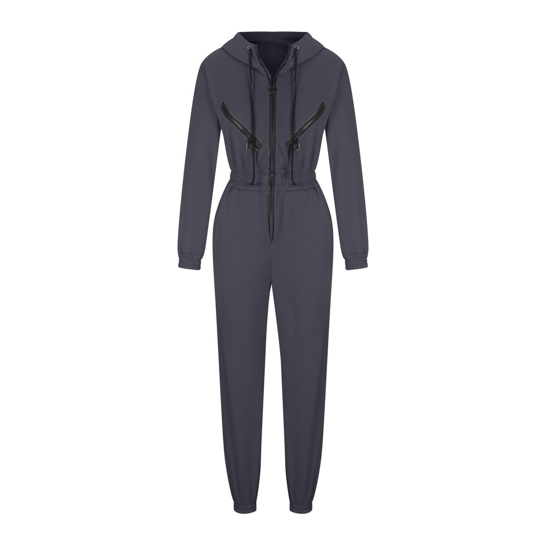 Damen taillierter Kapuzen-Jumpsuit mit elastischem Bund und markanten Kontrast-Reißverschlüssen – Solévia