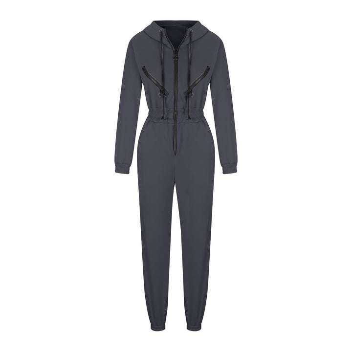 Damen taillierter Kapuzen-Jumpsuit mit elastischem Bund und markanten Kontrast-Reißverschlüssen – Solévia