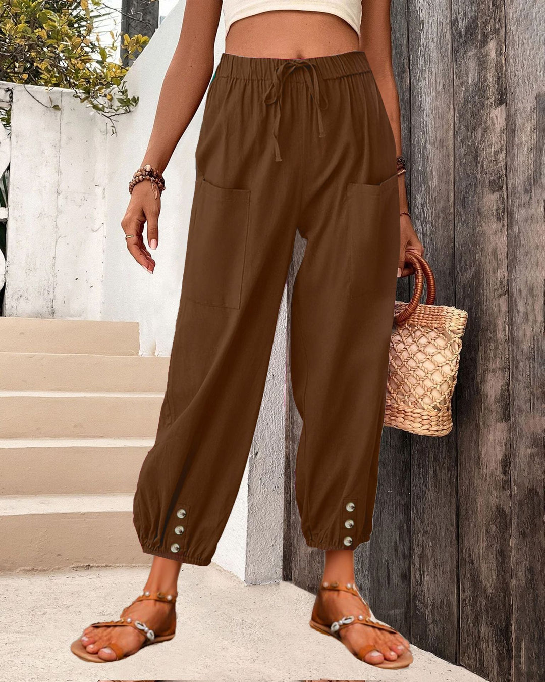 Damen Leinenlook Loungehosen mit hohem elastischem Taillenbund, Kordelzug, aufgesetzten Taschen und geknöpftem Saum – Avélisse