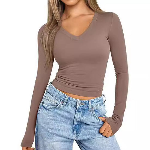 Damen Figurnahes Langarm-Cropped-Shirt mit V-Ausschnitt und elastischem Taillenbund Echo Archiv
