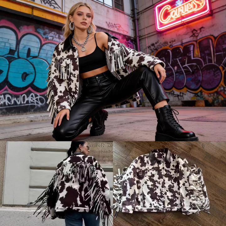 Damen Teddy-Truckerjacke mit Kuhfleckenmuster und Kunstlederkragen Echo Archiv