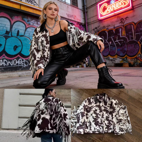 Damen Teddy-Truckerjacke mit Kuhfleckenmuster und Kunstlederkragen Echo Archiv