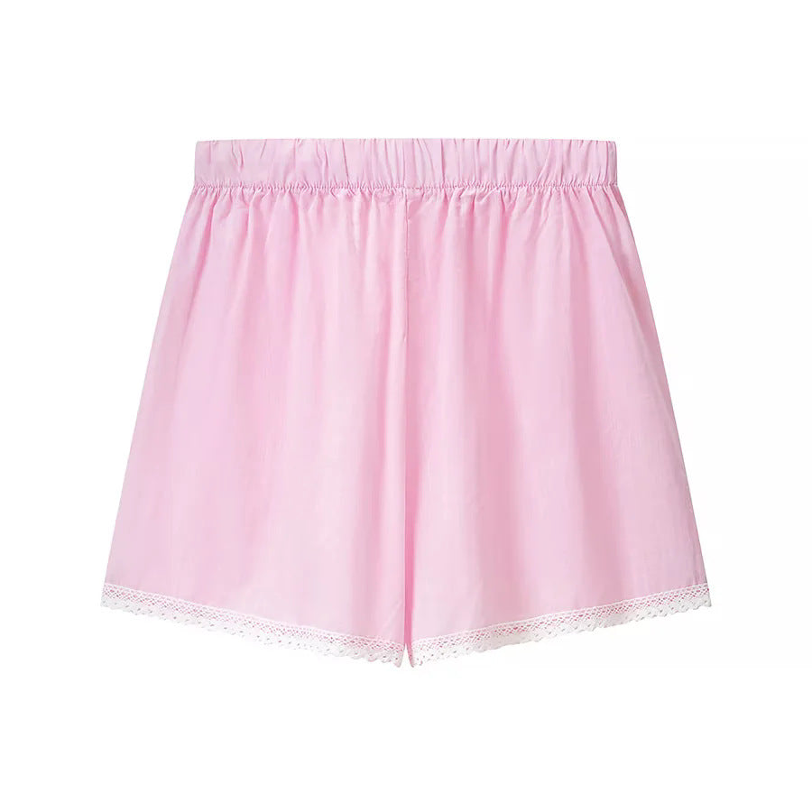 Damen nan zweiteiliges schulterfreies Schlafanzug-Set mit Spitzenbesatz, Herzknopf-Leiste und elastischer Shorts-Bund Echo Archiv