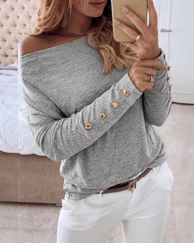 Damen Offshoulder Feinstrickpullover mit Zierknopfleiste an den Ärmeln – Mavelle