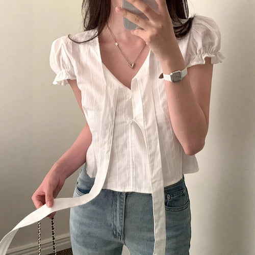 Damen kurzarm bluse mit dekorativen bindebändern Echo Archiv