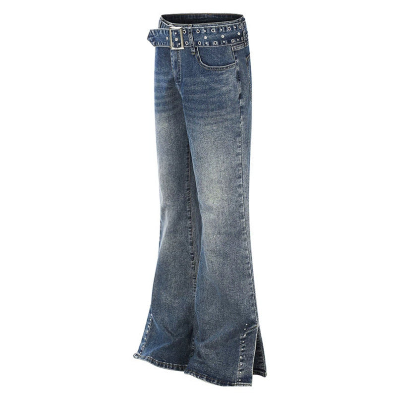 Damen High-Waist Flared-Denimjeans mit Nietenbesatz, weitem Schlag und Ziergürtel Echoarchiv
