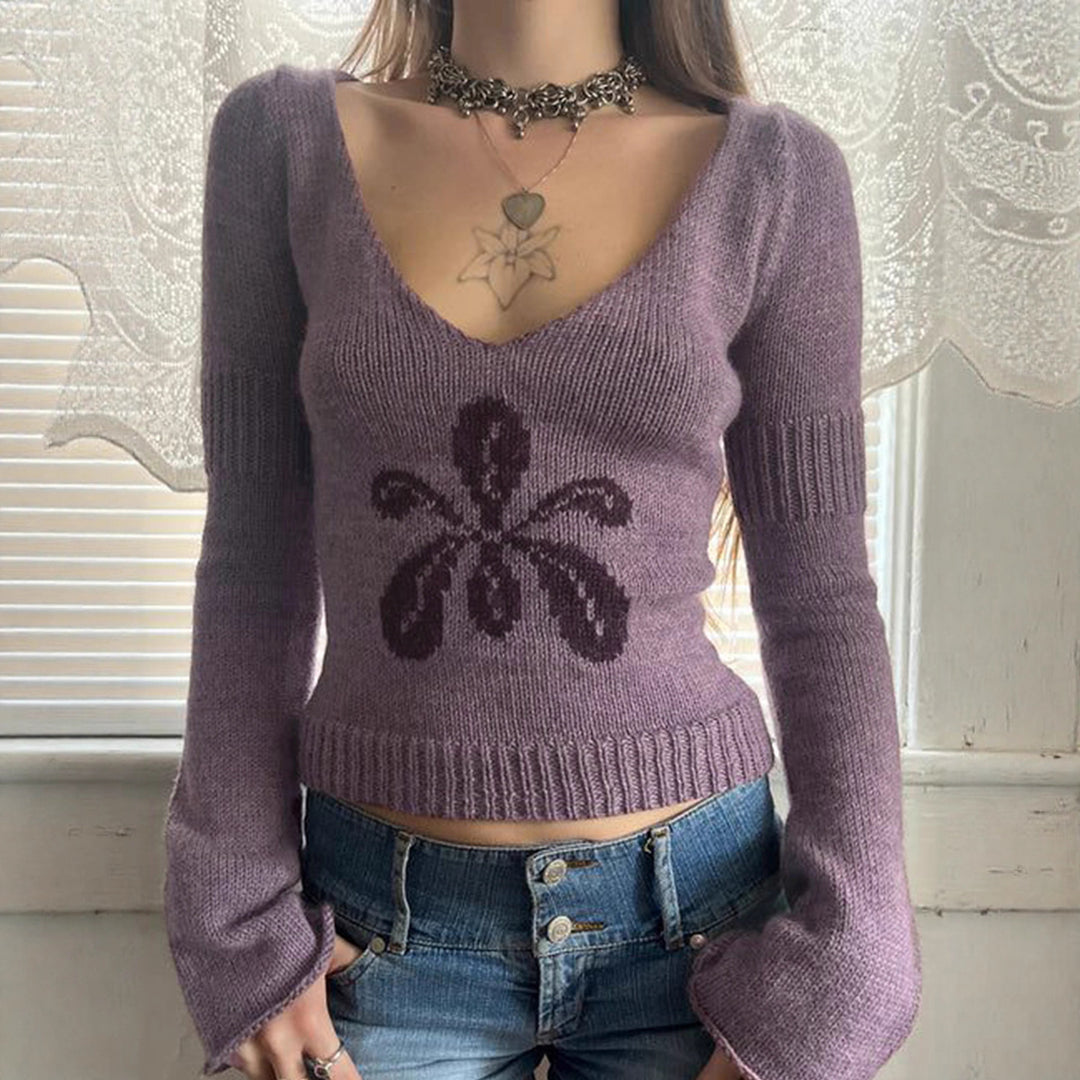 Damen nan kurzes Feinstrick V‑Pullover mit floralem Intarsienmotiv und ausgestellten Trompetenärmeln Echo Archiv