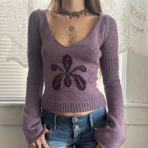 Damen nan kurzes Feinstrick V‑Pullover mit floralem Intarsienmotiv und ausgestellten Trompetenärmeln Echo Archiv