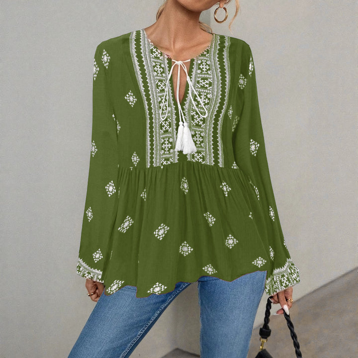 Damen Bestickte Boho-Tunika-Bluse mit Quastenbändern und stufigem Saum Echo Archiv