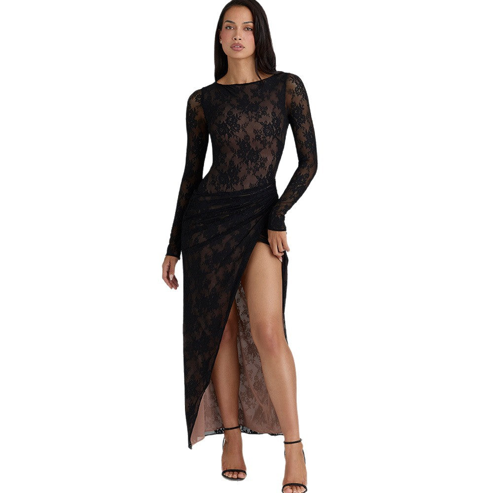 Damen Elegantes Spitzen-Maxikleid mit tiefem Schlitz und zartem Drapierungseffekt Echo Archiv