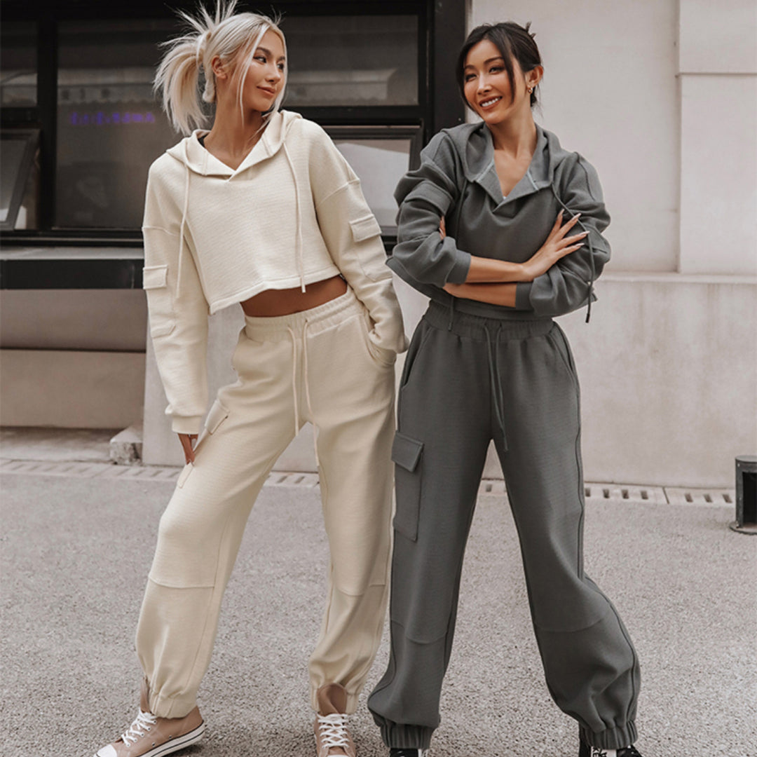 Damen nan Cropped Kapuzenpullover mit Highwaist Cargo-Joggingshose Set Echo Archiv